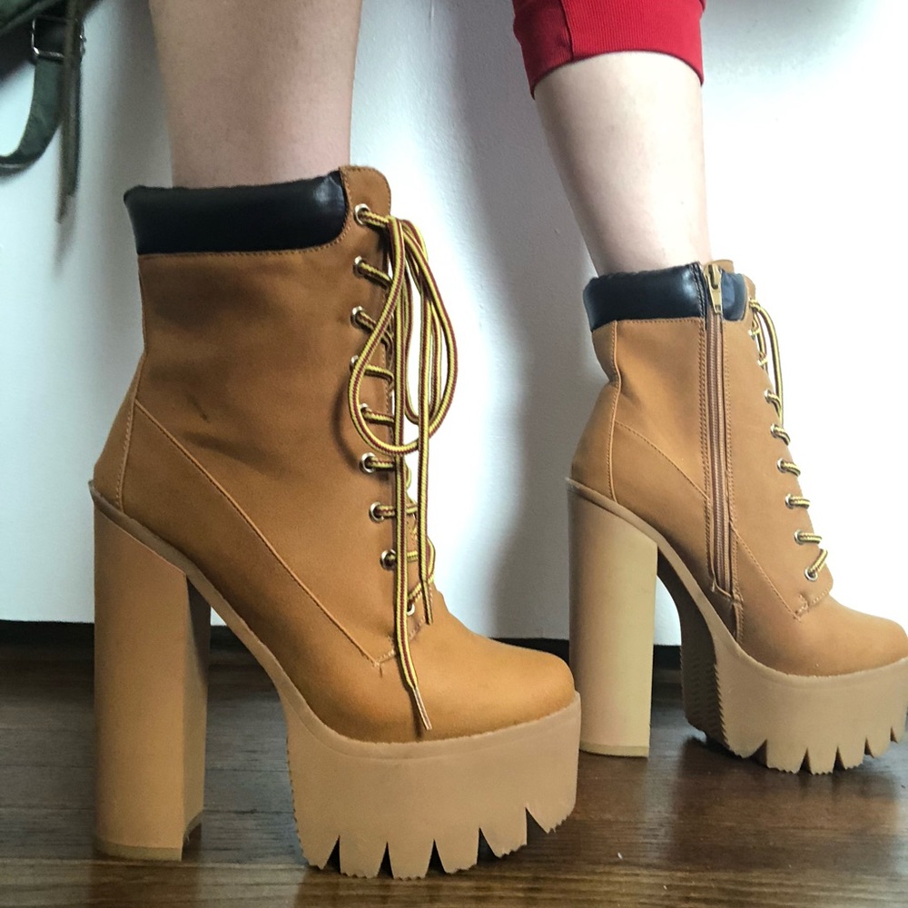 Brown timb like heel boots